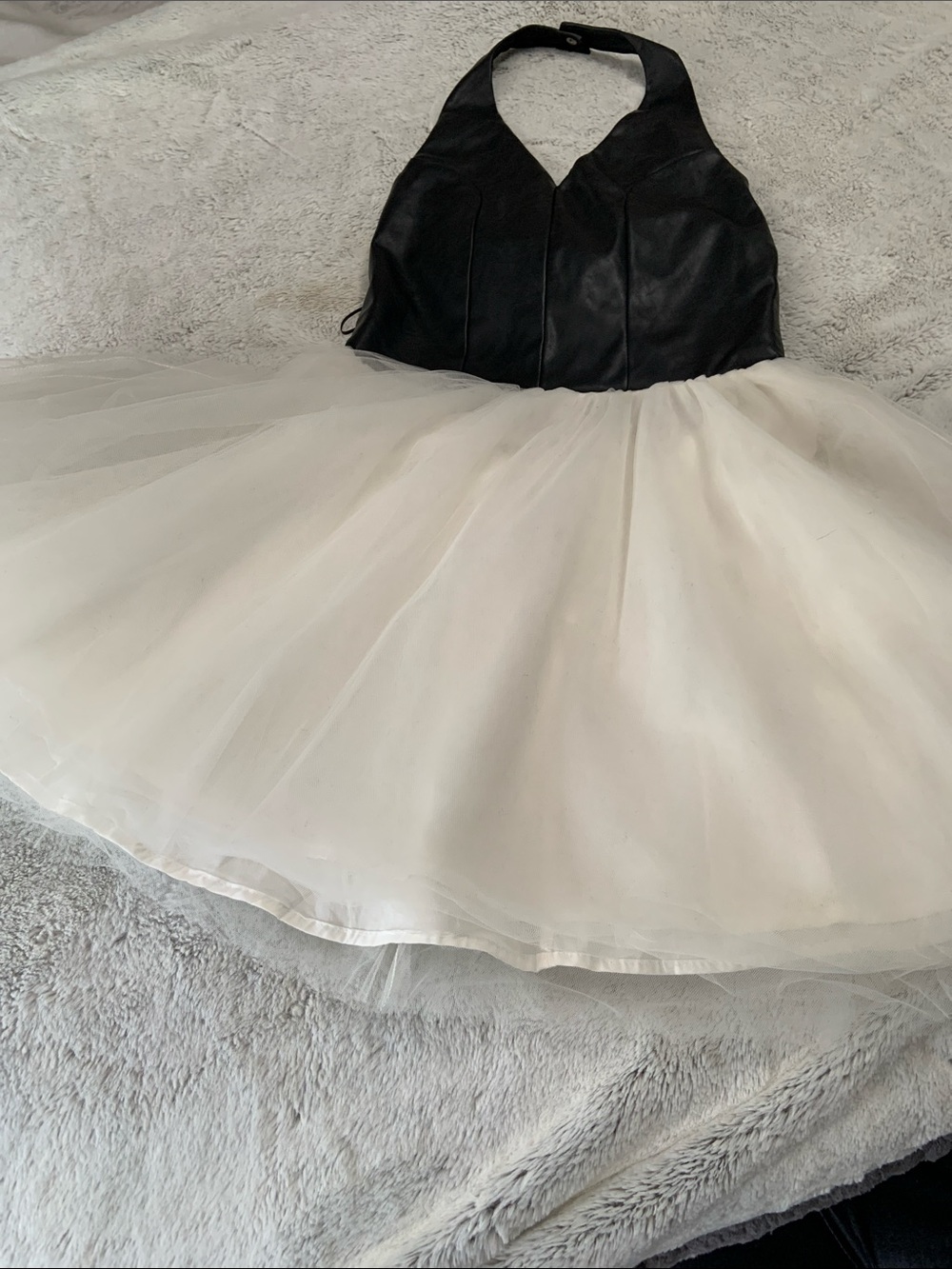 Miss Behave Black and White Tulle Faux Leather Halter Kids Dress
